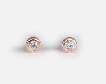Diamond Stud Earrings, 14K Rose Gold, April Birthstone Jewelry, Minimalist Bezel Set Earrings, Dainty Natural Diamond Studs for Her