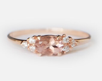 14k Gold Oval Morganite and Diamond Ring, Peach Pink Gemstone Engagement Ring, Dainty Promise Ring, Minimalist Bridal Jewelry Gift
