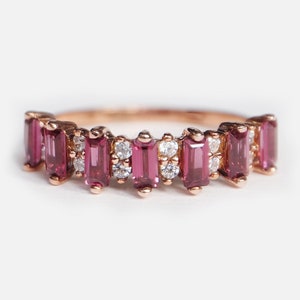 14K Rose Gold Rhodolite Garnet Diamond Ring, Emerald Cut Eternity Band, January Birthstone Stackable Ring, Gift for Her