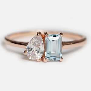 14K Solid Gold tu et moi aquamarine moissanite ring, aquamarine engagement, two stone Jewelry, march birthstone Jewelry, engagement gift
