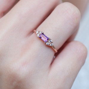 rose gold genuine amethyst and diamond ring, 14k rose gold ring, baguette cut amethyst ring, february birthstone, purple amethyst ring image 1