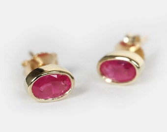 Ruby Stud Earrings, 14K Yellow Gold Oval Gemstone Jewelry, July Birthstone Earrings, Solid Gold Minimalist Earrings Gift for Her