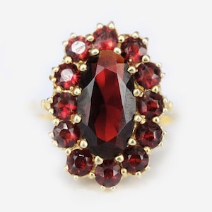 May include: A gold ring with a large, oval-shaped red garnet surrounded by smaller red garnets.
