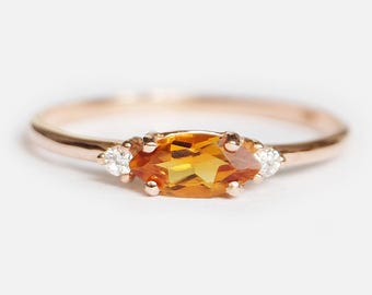 14K Gold Marquise Citrine and Diamond Ring, November Birthstone Jewelry, Dainty Stacking Gift