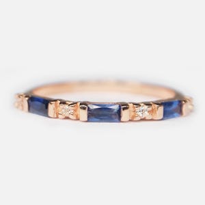 14K Gold Sapphire Ring, Diamond Stacking Ring, Blue Sapphire Band, September Birthstone Ring, Dainty Gold Ring, Gift for Her