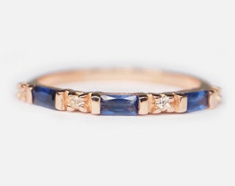 14K Gold Blue Sapphire Diamond Stacking Ring, September Birthstone Gift