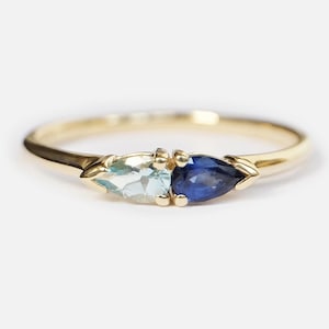 Pear Aquamarine and Sapphire Ring, Gold Stacking Ring, Dainty Blue Gemstone Ring, March & September Birthstone Jewelry, Two Stone Ring