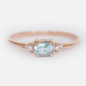 14K Gold Oval Aquamarine and Diamond Ring, March Birthstone Jewelry, Dainty Blue Gemstone Ring, Elegant Gold Stacking Ring Gift for Her