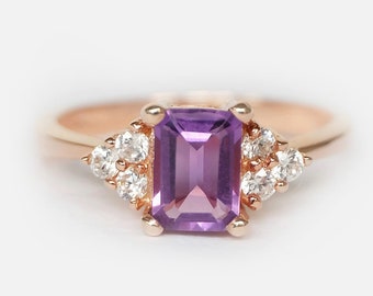 Smaragdslipad ametist- och diamantring i 14 karat roséguld, ring med födelsesten i februari, förlovningsring i vintagestil, handgjorda smycken