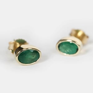 Emerald Stud Earrings, 14K Yellow Gold Oval Gemstone Jewelry, May Birthstone Earrings, Solid Gold Minimalist Studs Gift for Her
