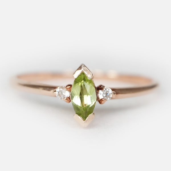 14K Rose Gold Marquise Peridot and Diamond Ring, August Birthstone Jewelry, Minimalist Handmade Gift