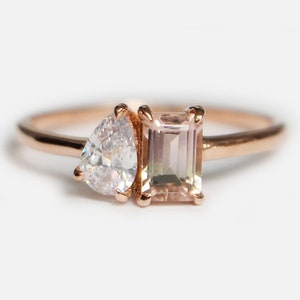 toi et moi morganite and moissanite ring, morganite ring, pear and emerald cut engagement ring, two stone ring, moissanite ring, engagement