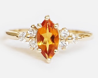 Anel de Noivado em Ouro 14k com Citrino em Formato de Marquise e Diamantes, Pedra do Mês de Novembro, Joia com Gema Amarela