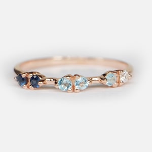 14K Rose Gold Saphir Aquamarin Diamant Ring, Gebogene Multi-Edelstein Ring, Zierliche Stapeln Band, Blauer Edelstein Schmuck