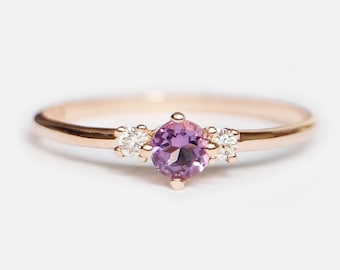 14k Gold Amethyst Dainty Ring, Minimalist February Birthstone Gift, Stacking Promise Band