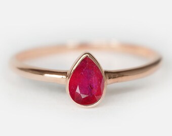 14K Rose Gold Pear-Shaped Ruby Ring, Minimalist July Birthstone Engagement Jewelry