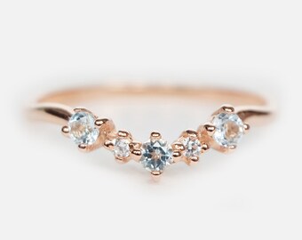 14K Rose Gold V Ring, Aquamarine and Diamond Ring, Chevron Stacking Band, Dainty Promise Ring, March Birthstone, Wedding Ring for Her