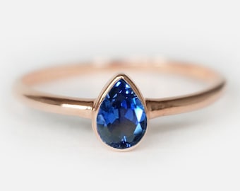 14K Rose Gold Pear-Shaped Blue Sapphire Ring, Minimalist Sapphire Engagement Ring, Custom Birthstone Jewelry, September Birthstone Ring