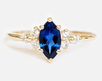 1.46カラット マーキスブルーサファイアクラスターリング | 14K