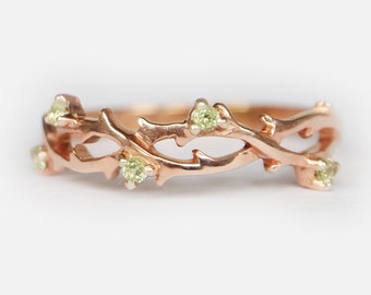 14k Rose Gold Vine Leaf Peridot Ring, Nature-Inspired Branch Band, August Birthstone Ring, Dainty Stackable Promise Ring, Gift for Her