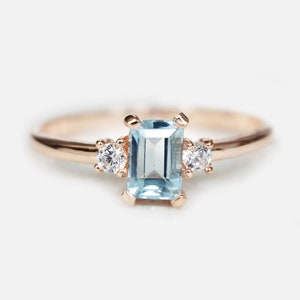 14k Rose Gold Aquamarine Ring, Emerald Cut Aquamarine Engagement Ring, Light Blue Three Stone Ring, Dainty Promise Ring for Her