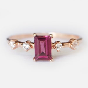 14K Rose Gold Rhodolite Ring, Emerald Cut Rhodolite and Diamond Ring, January Birthstone Ring, Dainty Solid Gold Jewelry Gift