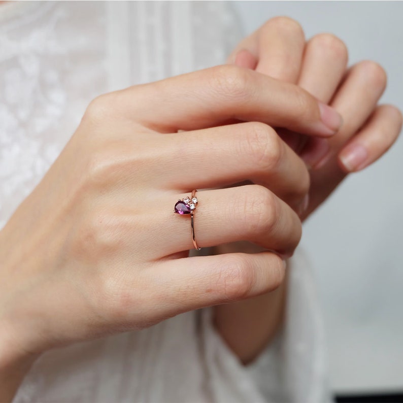 rhodolite garnet ring, pear rhodolite ring, engagement ring, delicate gold ring, pear shaped ring, pear cut ring, teardrop ring, rhodolite image 6