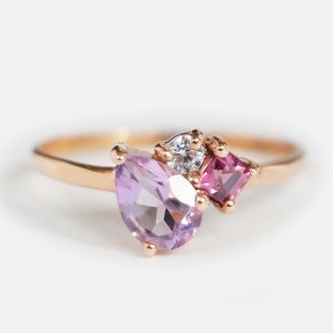 14K Gold Amethyst, Rhodolite, and Diamond Cluster Ring, Pear Amethyst, Square Rhodolite, Round Diamond, Purple Gemstone Ring
