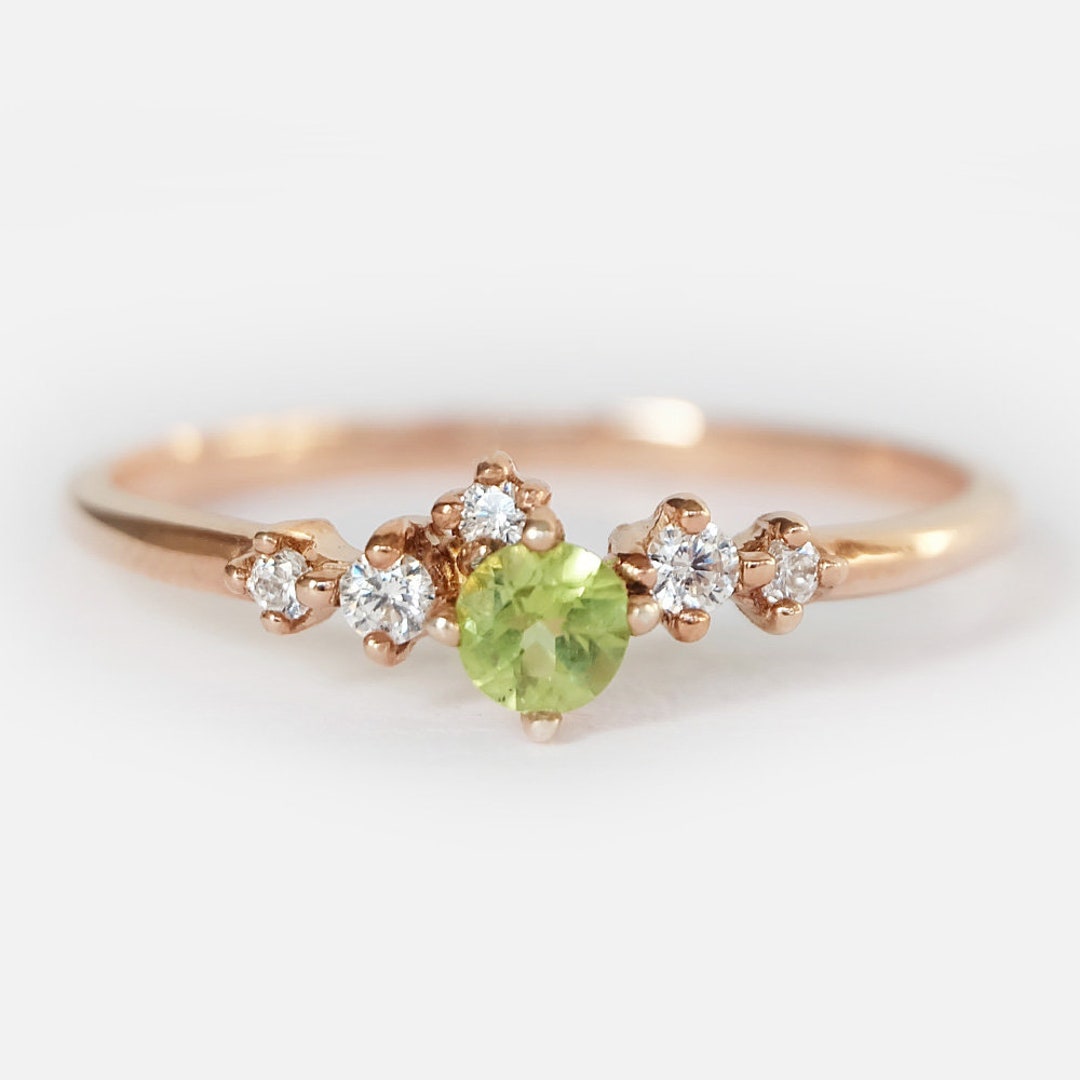 Natural Peridot Engagement Ring, Peridot Diamond Ring, Dainty Gemstone ...