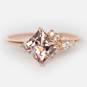 14k Rose Gold Morganit und Diamant Ring, Princess Cut Verlobungsring, Champagner Rosa Edelstein Schmuck, modernes Brautschmuck Geschenk