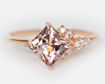 rose gold morganite engagement ring, morganite ring, morganite diamond ring, unique ring, princess morganite ring, 14k morganite ring