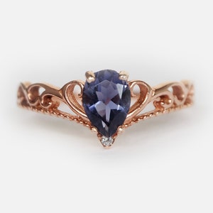 14K Rose Gold Iolite Ring, Pear Iolite Engagement Ring, Vintage Filigree Ring, Dainty Promise Ring, Gift for Her, Handmade Jewelry