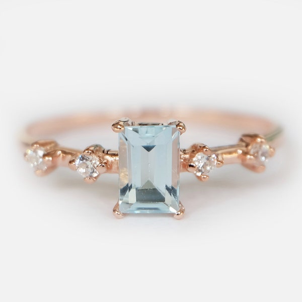 14K Rose Gold Aquamarine Ring, Emerald Cut Aquamarine and Diamond Ring, March Birthstone Jewelry, Dainty Solid Gold Engagement Gift