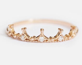 14k Rose Gold Crown Ring with Diamonds, Dainty Tiara Stacking Ring, Princess Engagement Band, Minimalist Promise Jewelry Gift