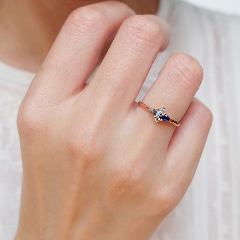 pear sapphire ring, pear aquamarine ring, multi stone ring, dual birthstone ring, two stone ring, pear shape engagement, birthstone ring image 6