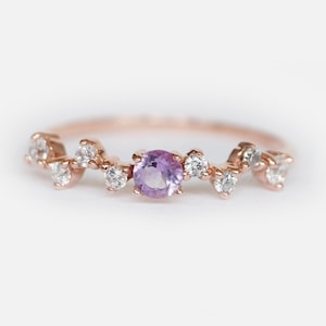 14K Rose Gold Amethyst Ring, Dainty Diamond Ring, February Birthstone Jewelry, Stacking Ring, Promise Ring, Gift for Her, Minimalist