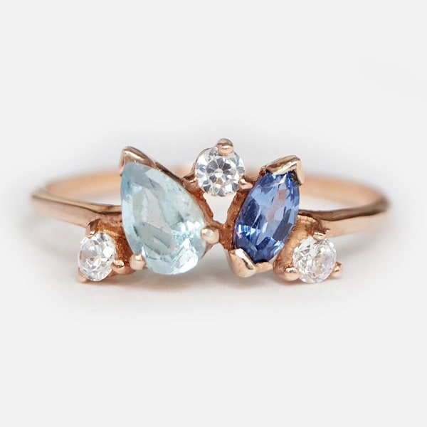 aquamarine ring, aquamarine engagement ring, cluster ring, cluster engagement ring, sapphire cluster ring, aquamarine cluster ring