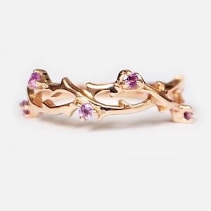 Anillo de amatista con forma de hoja de parra en oro rosa de 14 quilates, banda inspirada en la naturaleza, piedra natal de febrero.