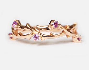 14k Rose Gold Vine Leaf Amethyst Ring, Nature-Inspired Branch Band, February Birthstone Ring, Dainty Stackable Promise Ring, Gift for Her