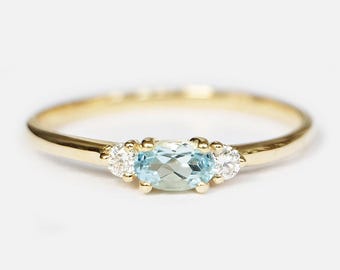 14K Solid Gold Aquamarine and Diamond Stacking Ring, March Birthstone Jewelry, Dainty Minimalist Gift