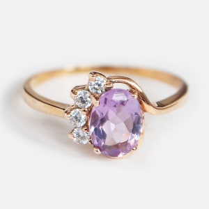 14K Yellow Gold Amethyst Ring, Oval Cut Amethyst and Diamond Ring, Vintage-Inspired Gold Ring, February Birthstone, Gift for Her