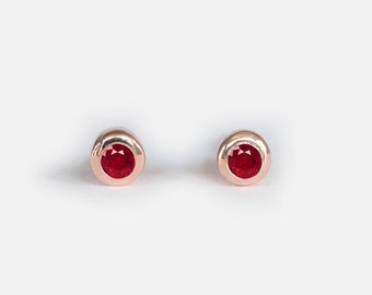 Ruby Stud Earrings, 14K Rose Gold, July Birthstone Jewelry, Minimalist Bezel Set Earrings, Dainty Red Gemstone Studs for Her