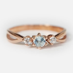 14K Rose Gold Aquamarine and Diamond Three-Stone Ring, March Birthstone Jewelry, Vintage Blue Gemstone Engagement Ring, Gift for Her Women