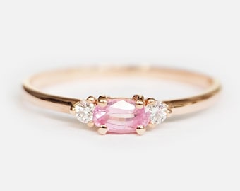14k Gold Oval Pink Sapphire Diamond Ring, September Birthstone, Dainty Stacking Engagement Jewelry