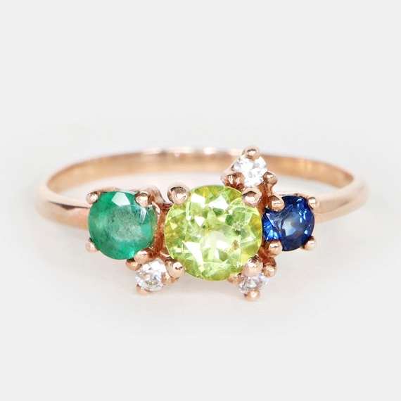 Multi Stone Cluster Ring Peridot Sapphire Emerald Ring Mix