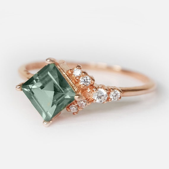 グリーントルマリンリング、女性用プリンセスカットエンゲージリング  