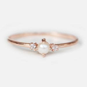 14k Gold Pearl Dainty Ring, Minimalist Pearl Stacking Ring, June Birthstone Jewelry, Delicate Gold Ring, Classic Promise Ring Gift