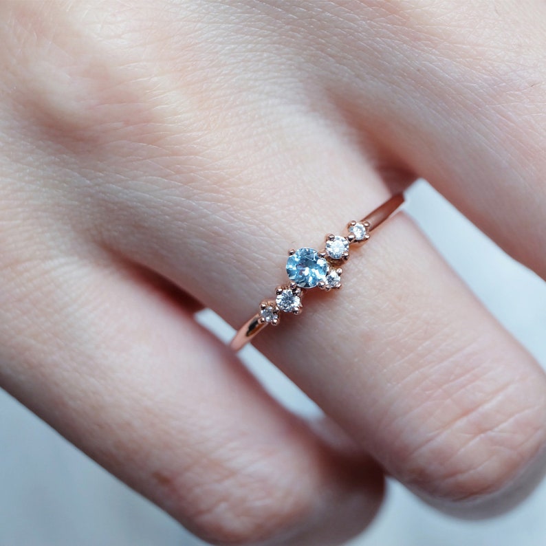 Engagement Ring Birthstone Ring Cluster Ring Aquamarine Etsy