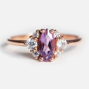 14k Rose Gold Amethyst Diamond Ring, Marquise Cut Cluster Ring, February Birthstone, Dainty Gold Ring, Handmade Promise Ring, Gift For Her