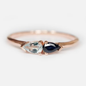pear sapphire ring, pear aquamarine ring, multi stone ring, dual birthstone ring, two stone ring, pear sapphire engagement, birthstone ring